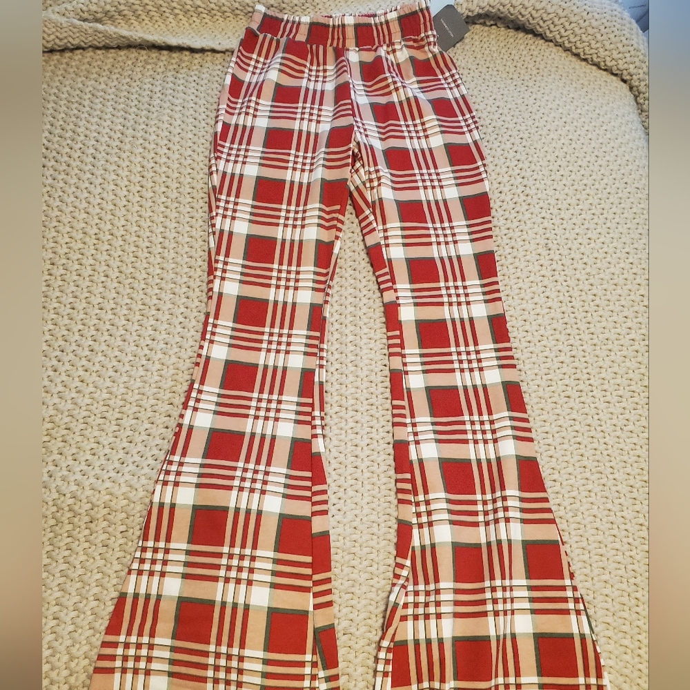 Christmas holiday plaid flared pants high waisted